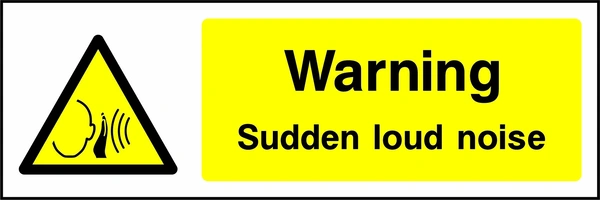 Warning — Sudden loud noise sign showing yellow ear and sound waves warning pictogram beside wording. Artwork GENE0046.
