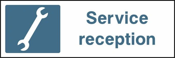 Service reception sign showing a blue identification pictogram beside the printed location wording. Artwork GARA0017.