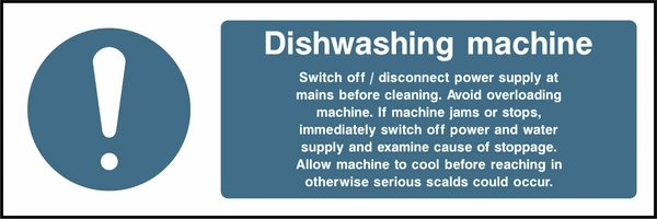Dishwashing machine — Cleaning and stoppage instructions. Food processing sign artwork FOOD0065.