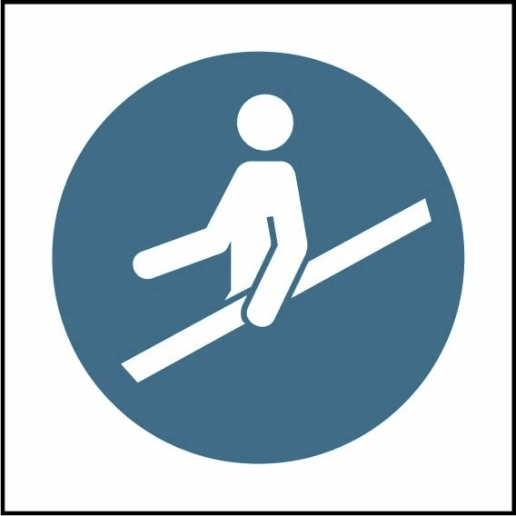 Use handrail pictogram sign showing white hand holding handrail pictogram in blue circle. Artwork MACH0062.