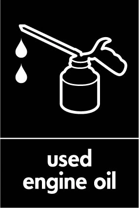Used engine oil recycling sign showing item illustration with white wording on black. Artwork AUTO0017.