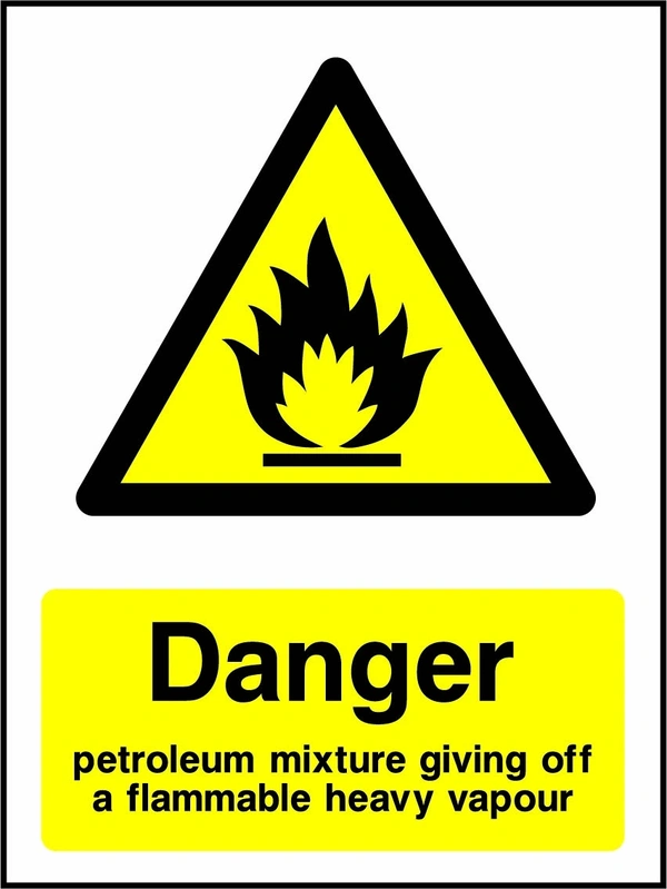 Danger — Petroleum mixture giving off a flammable heavy vapour sign with yellow triangular flame pictogram above wording. Artwork CHEM0084.