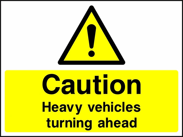 A black exclamation mark inside a yellow warning triangle above black wording on a yellow panel with Caution — Heavy vehicles turning ahead wording. CONS0104 artwork.