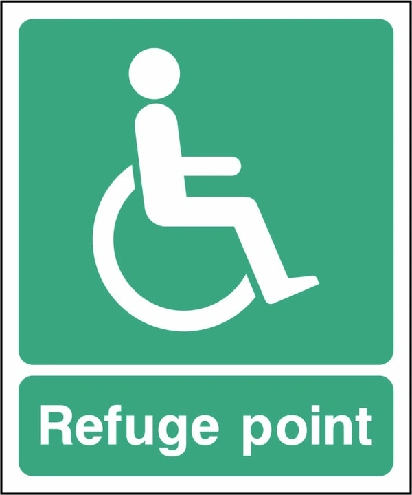 Refuge point sign showing wheelchair symbol. Artwork EMER0078.