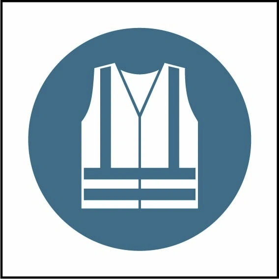 Wear high visibility clothing pictogram sign showing blue high visibility vest pictogram without wording. Artwork PPE0062.