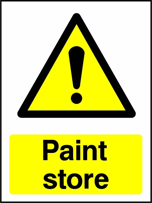 Paint store sign with yellow triangular exclamation mark pictogram above wording. Artwork CHEM0079.