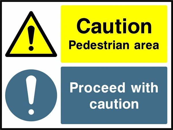 Caution — Pedestrian area — Proceed with caution sign showing the supplied warning, instruction and information panels. Artwork GARA0033.