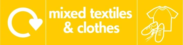 Mixed textiles & clothes recycling sign showing white recycling arrow and textile illustration and wording on a yellow letterbox panel. Artwork TEXT0010.
