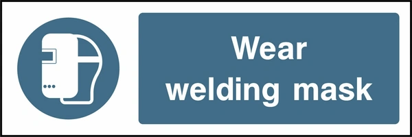 Wear welding mask sign showing blue welding mask pictogram beside wording. Artwork PPE0018.