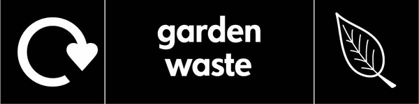 Garden waste recycling sign showing white recycling arrow and waste illustration and wording on a black letterbox panel. Artwork ORGA0011.