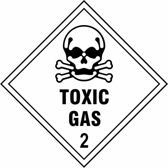 Toxic gas — 2 sign showing diamond-shaped dangerous-substance symbol with supplied colours and markings. Artwork DANG0025.