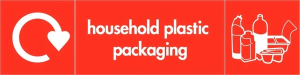 Household plastic packaging recycling sign showing white recycling arrow and plastic illustration and wording on a red letterbox panel. Artwork PLAS0011.