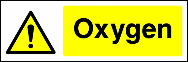 Oxygen sign with yellow triangular exclamation mark pictogram beside wording. Artwork CHEM0034.