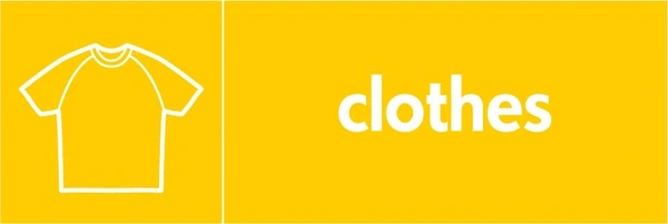Clothes recycling sign showing white textile illustration and wording on a yellow letterbox panel. Artwork TEXT0005.
