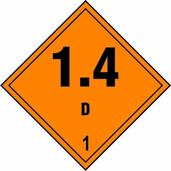 1.4 D — 1 sign showing diamond-shaped dangerous-substance symbol with supplied colours and markings. Artwork DANG0032.