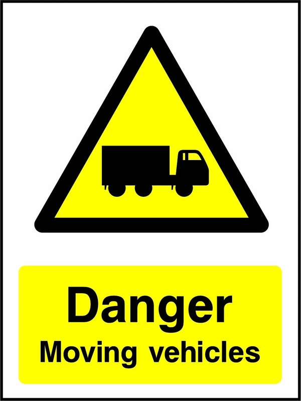 Danger — Moving vehicles sign showing yellow moving truck warning pictogram above wording in alternate wording layout. Artwork GENE0092.