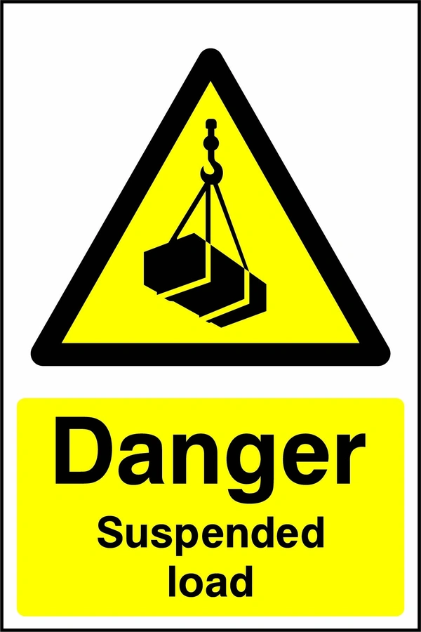 Yellow and black sign with a suspended load pictogram and Danger — Suspended load wording. CONS0027 artwork.