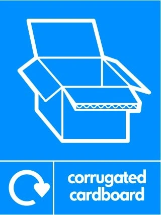 Corrugated cardboard recycling sign showing white recycling arrow and material illustration and wording on a blue portrait panel. Artwork PAPE0042.