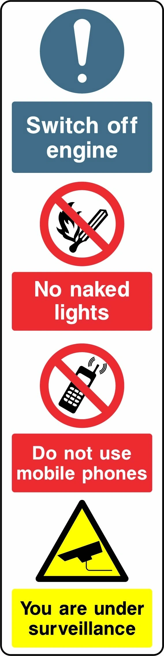 Switch off engine — No naked lights — Do not use mobile phones — You are under surveillance sign showing the supplied warning, instruction and information panels. Artwork GARA0037.