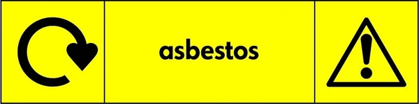 Asbestos sign showing black pictogram and wording on a yellow panel with a circular recycling arrow. Artwork HAZA0001.