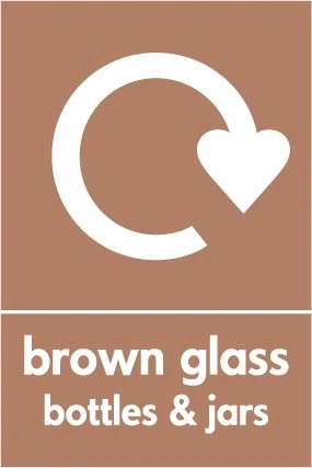Brown glass bottles & jars recycling sign showing recycling arrow and wording on a brown portrait panel. Artwork GLAS0023.