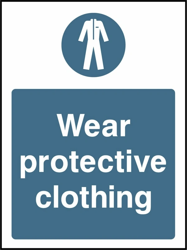Wear protective clothing sign showing blue mandatory protective-equipment pictogram and wording. Artwork PROT0009.