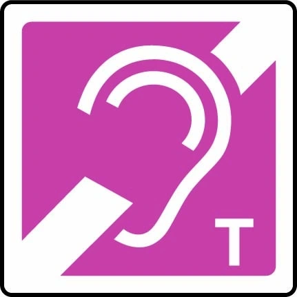 Hearing loop pictogram sign showing white ear and T symbol on a magenta background. Artwork DDA0018.