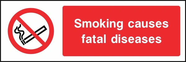 Smoking causes fatal diseases sign. red cigarette or naked-flame prohibition pictogram beside a red wording panel. Artwork SMOK0020.