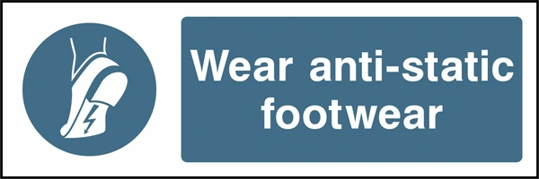 Wear anti-static footwear sign showing blue anti-static footwear pictogram beside wording. Artwork PPE0022.