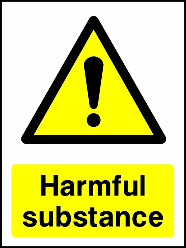 Harmful substance sign with yellow triangular exclamation mark pictogram above wording. Artwork CHEM0075.