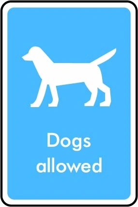 Dogs allowed printed sign. Blue information artwork INFO0021.