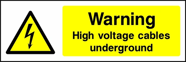 Warning — High voltage cables underground sign showing yellow electrical lightning bolt warning triangle beside wording. Artwork ELEC0011.
