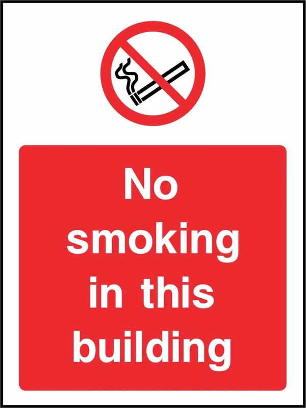 No smoking in this building sign. red prohibition pictogram above a red wording panel. Artwork SMOK0058.