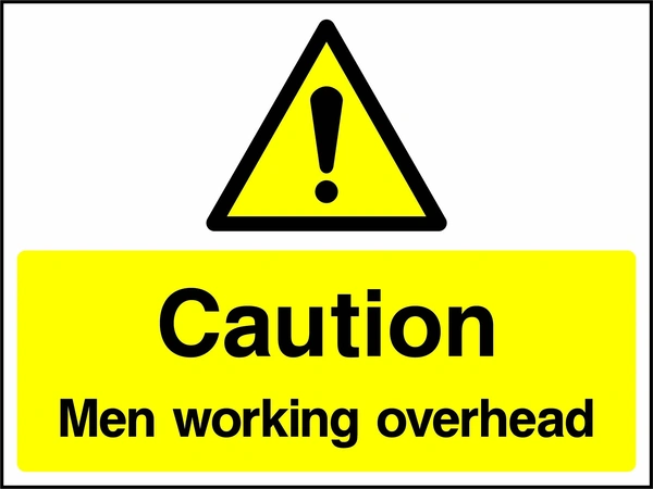 A black exclamation mark inside a yellow warning triangle above black wording on a yellow panel with Caution — Men working overhead wording. CONS0093 artwork.