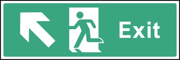 Green and white Exit sign with an up left arrow and running-person escape symbol. Letterbox artwork EMER0009.