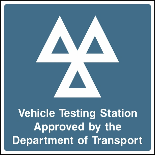 Vehicle Testing Station — Approved by the Department of Transport sign showing the supplied vehicle-testing emblem and station wording. Artwork GARA0022.