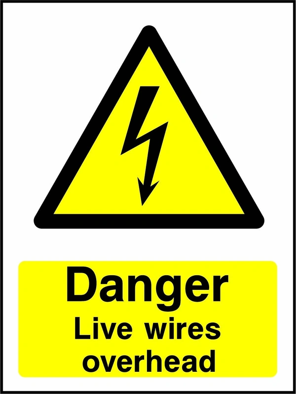 Danger — Live wires overhead sign showing yellow electrical lightning bolt warning triangle above wording. Artwork ELEC0050.