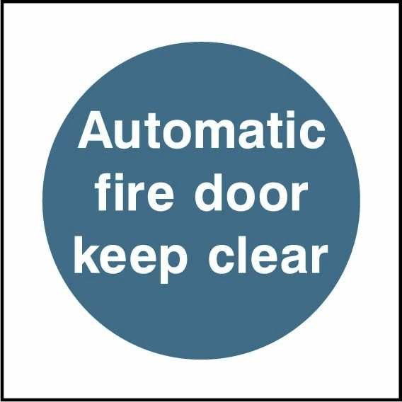 Automatic fire door keep clear sign showing blue circular mandatory wording. Artwork FPRV0009.