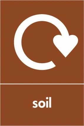 Soil recycling sign showing recycling arrow with white wording on brown. Artwork BUIL0024.