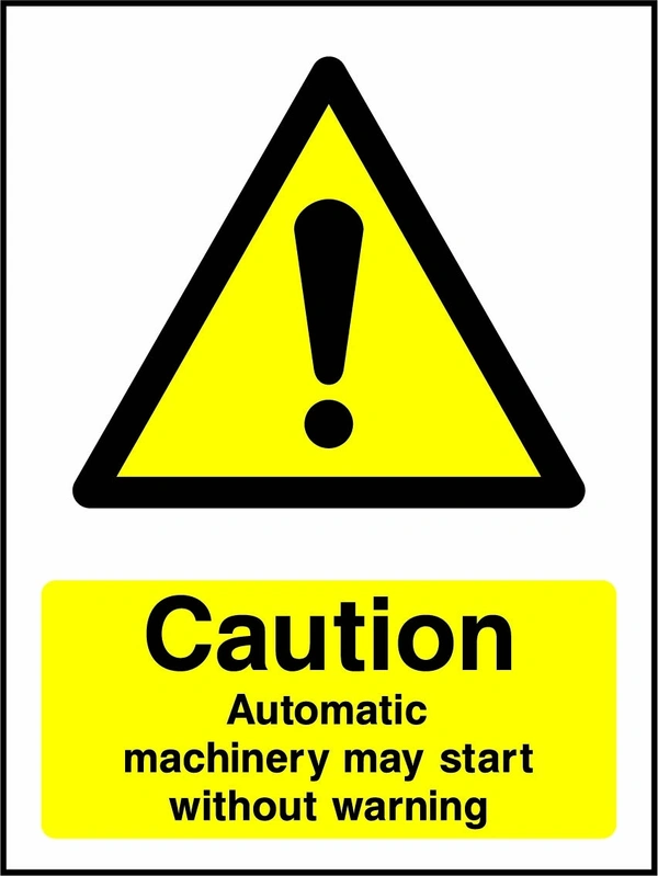 Caution — Automatic machinery may start without warning sign showing yellow warning triangle and exclamation mark above wording. Artwork COUN0061.