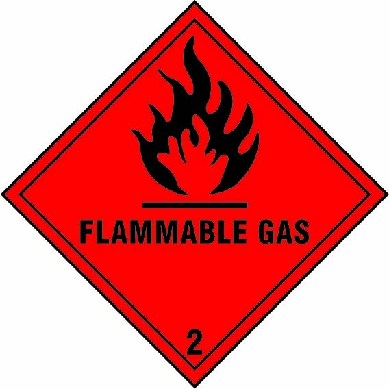 Flammable gas — 2 sign showing diamond-shaped dangerous-substance symbol with supplied colours and markings. Artwork DANG0004.