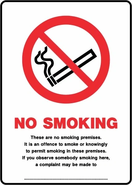 No Smoking — These are no smoking premises — A complaint may be made to sign. red no-smoking pictogram with black and red wording in a rounded border. Artwork SMOK0081.