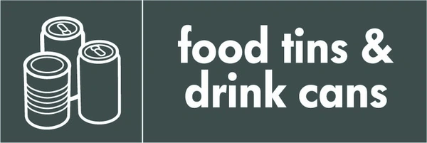 Food tins & drink cans recycling sign showing white material illustration and wording on a dark grey letterbox panel. Artwork META0015.
