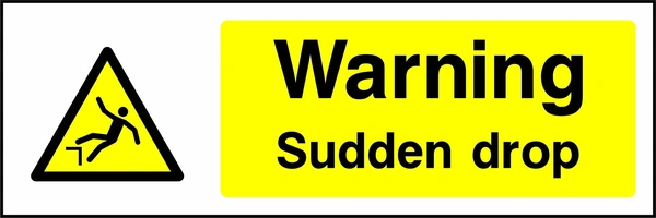 Yellow and black sign with a falling person pictogram and Warning — Sudden drop wording. CONS0042 artwork.