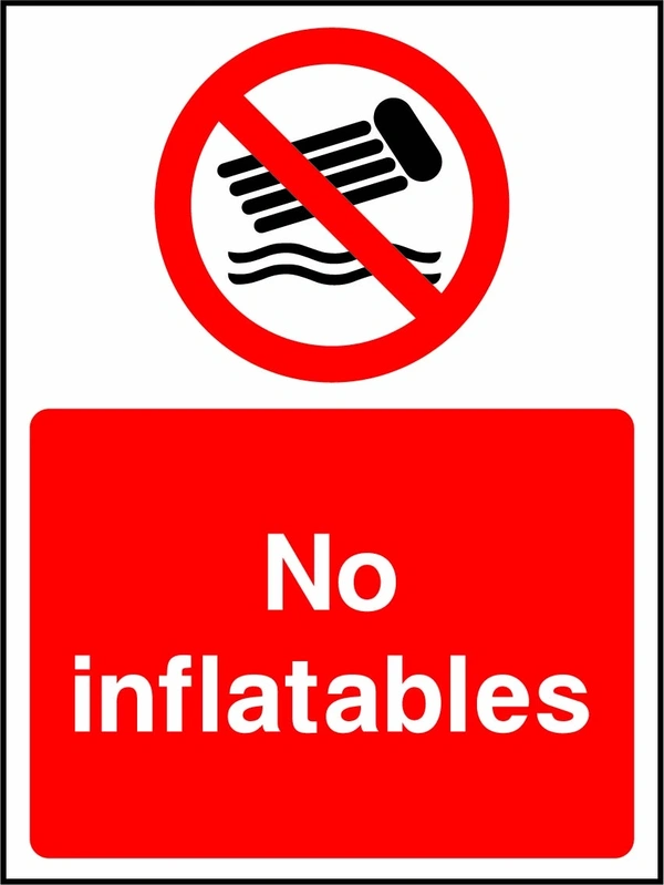 No inflatables sign showing a red prohibition pictogram above the printed instruction. Artwork WATE0012.