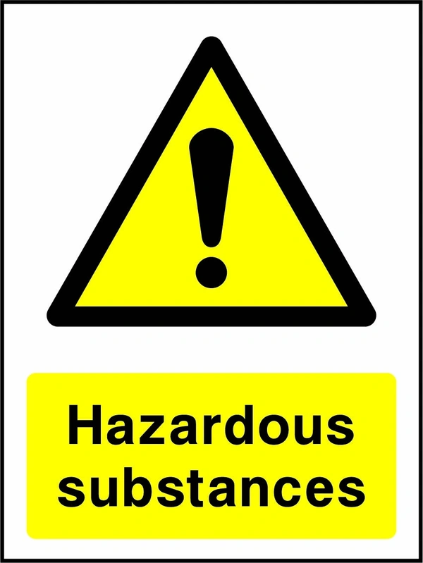 Hazardous substances sign showing yellow warning triangle and exclamation mark above wording. Artwork COUN0045.