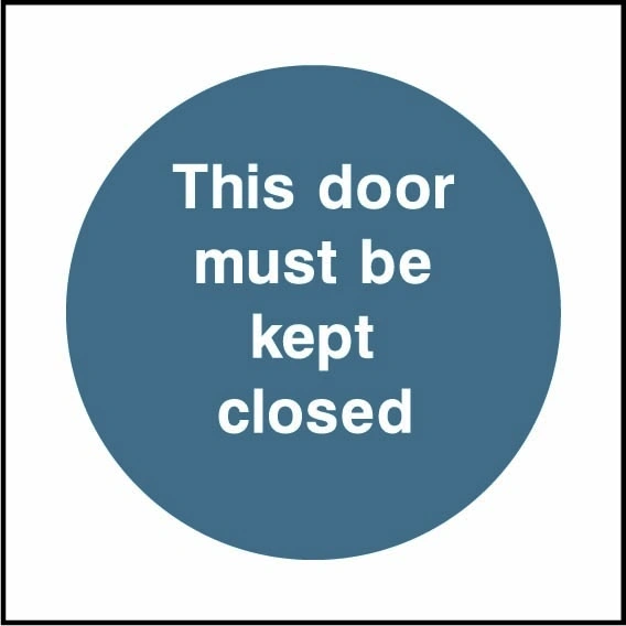 This door must be kept closed sign showing blue circular mandatory wording. Artwork FPRV0012.