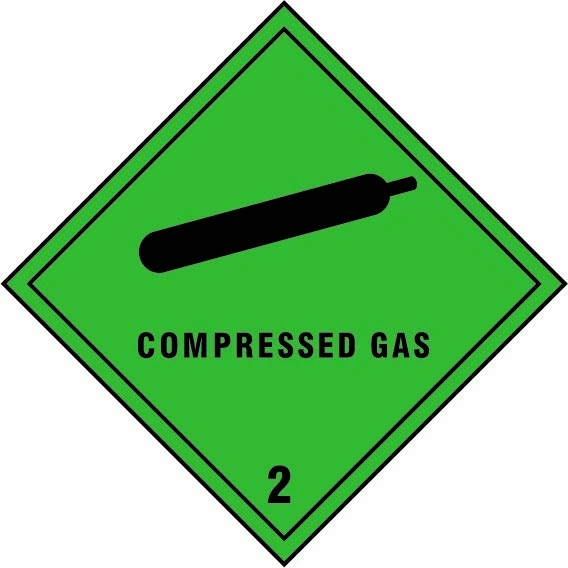 Compressed gas — 2 sign showing diamond-shaped dangerous-substance symbol with supplied colours and markings. Artwork DANG0013.