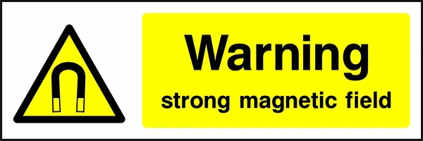 Warning — Strong magnetic field sign showing yellow magnet warning pictogram beside wording. Artwork GENE0034.