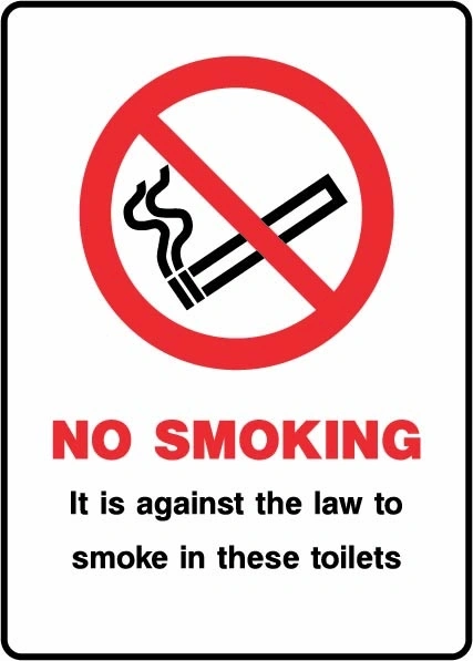 No Smoking — It is against the law to smoke in these toilets sign. red no-smoking pictogram with black and red wording in a rounded border. Artwork SMOK0079.